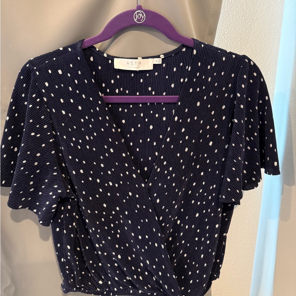ASTR Navy Polka Dot Plise Surplice Flutter Sleeve Top
